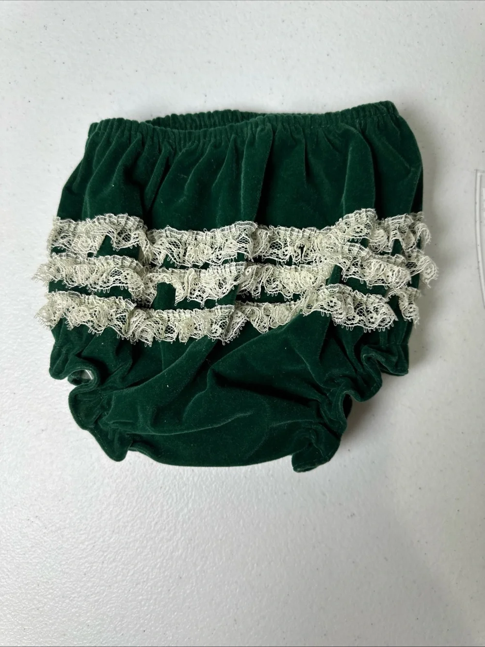 Vintage Green Velvet Baby Dress with Lace Trim